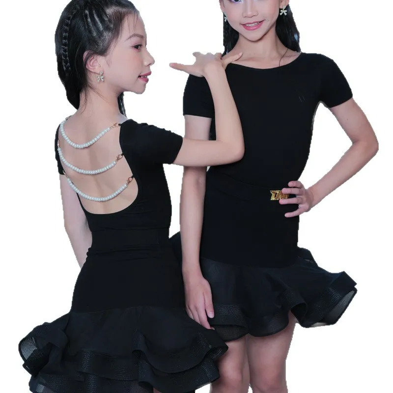 カスタマイズされた女の子プロ競技パフォーマンス服ラテンダンススーツ女の子の練習ドレス半袖トップとスカート