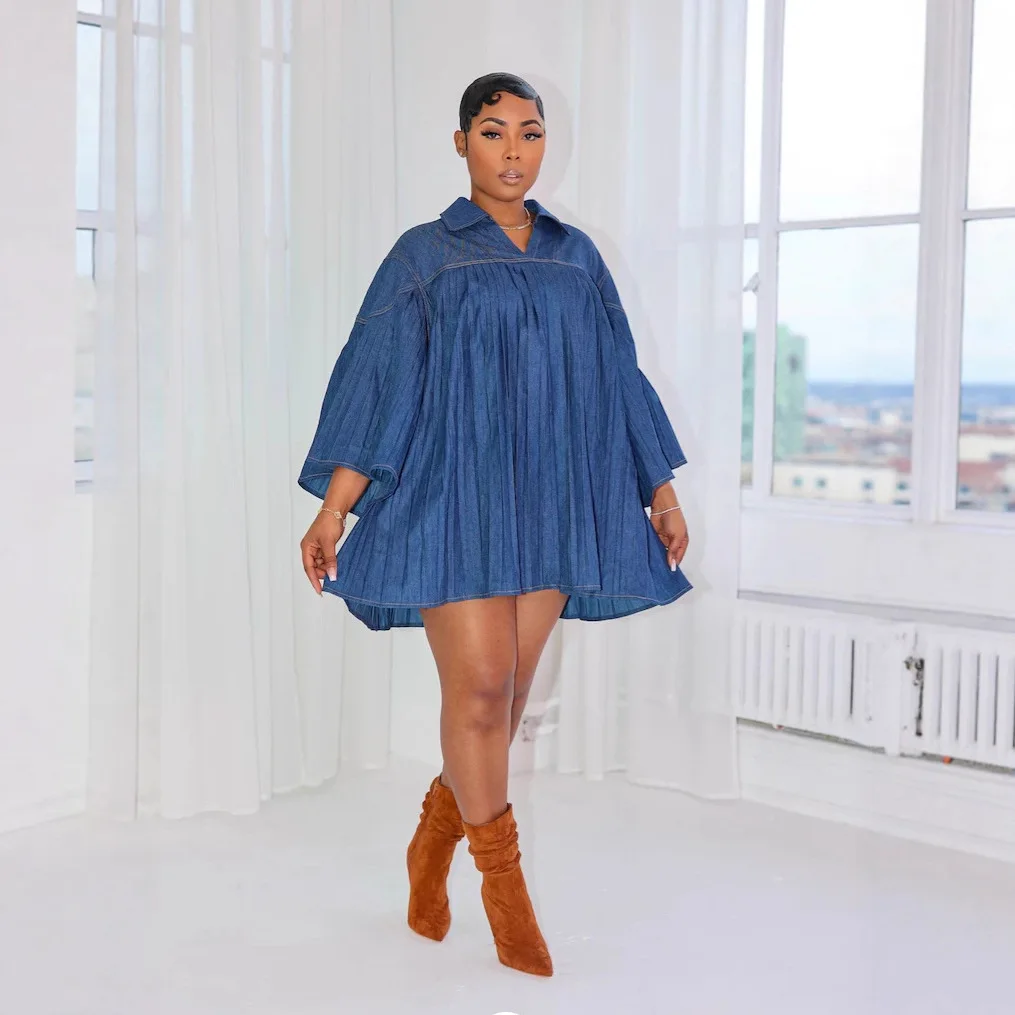 Denim Dress Women Pleated Dresses A Line Vestidos Long Sleeve Turn Down Collar Loose Splice Elegant Y2k Streetwear Work Autumn - view 3