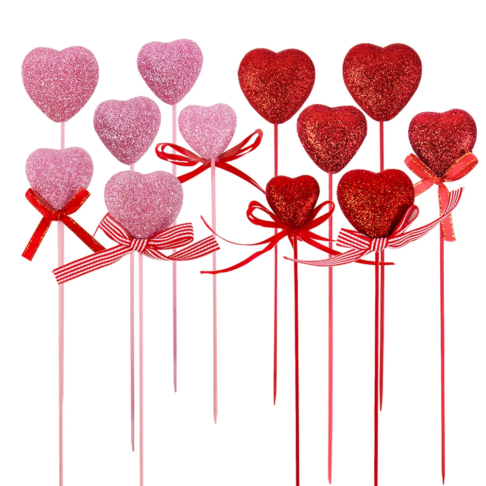 Valentine\'s Day Pink Red Glitter Foam Heart Picks Stick Valentine\'s Day Cake Decor Birthday Party Cake Toppers Wedding Supplies