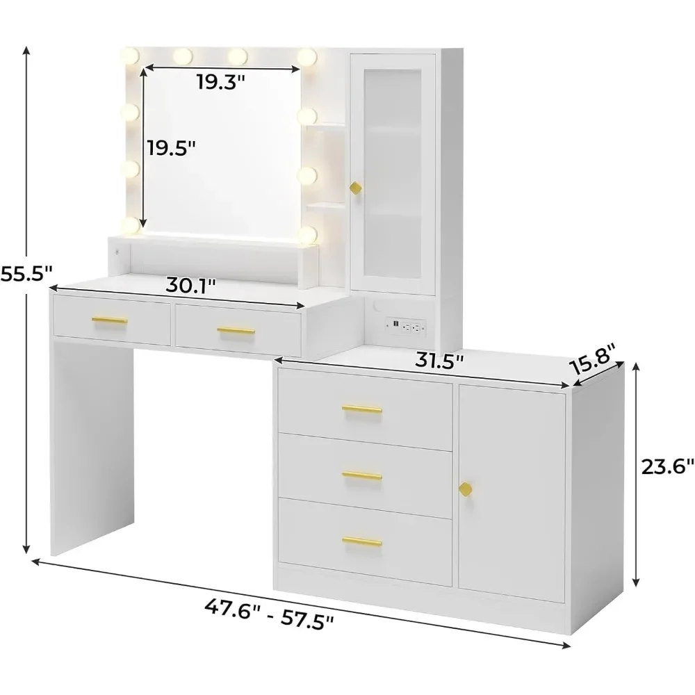 Vanity Desk, Makeup Vanity with Lights & Charging Station and Ambient Light, Vanity Table with Dresser, Bedroom Furniture