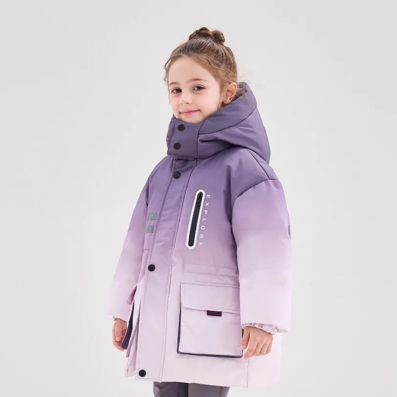 Winter Girls Gradient Purple Puffer Parka Hooded Mid‑Long Kids Jacket Windproof Thick Warm Children Outerwear For 3‑12Y A4779
