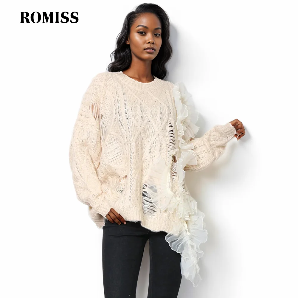 

ROMISS Spliced Mesh Ruffles Knitting Sweater For Women Round Neck Long Sleeve Hole Hollow Out Solid Loose Sweaters Fashion