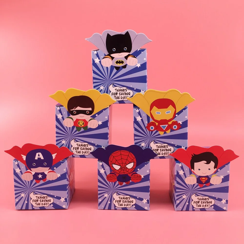 6pcs/set Cartoon Superhero Party Box Favors Birthday Decorations for Kid Baby Shower Candy Box for Boy Paper Gift Bag