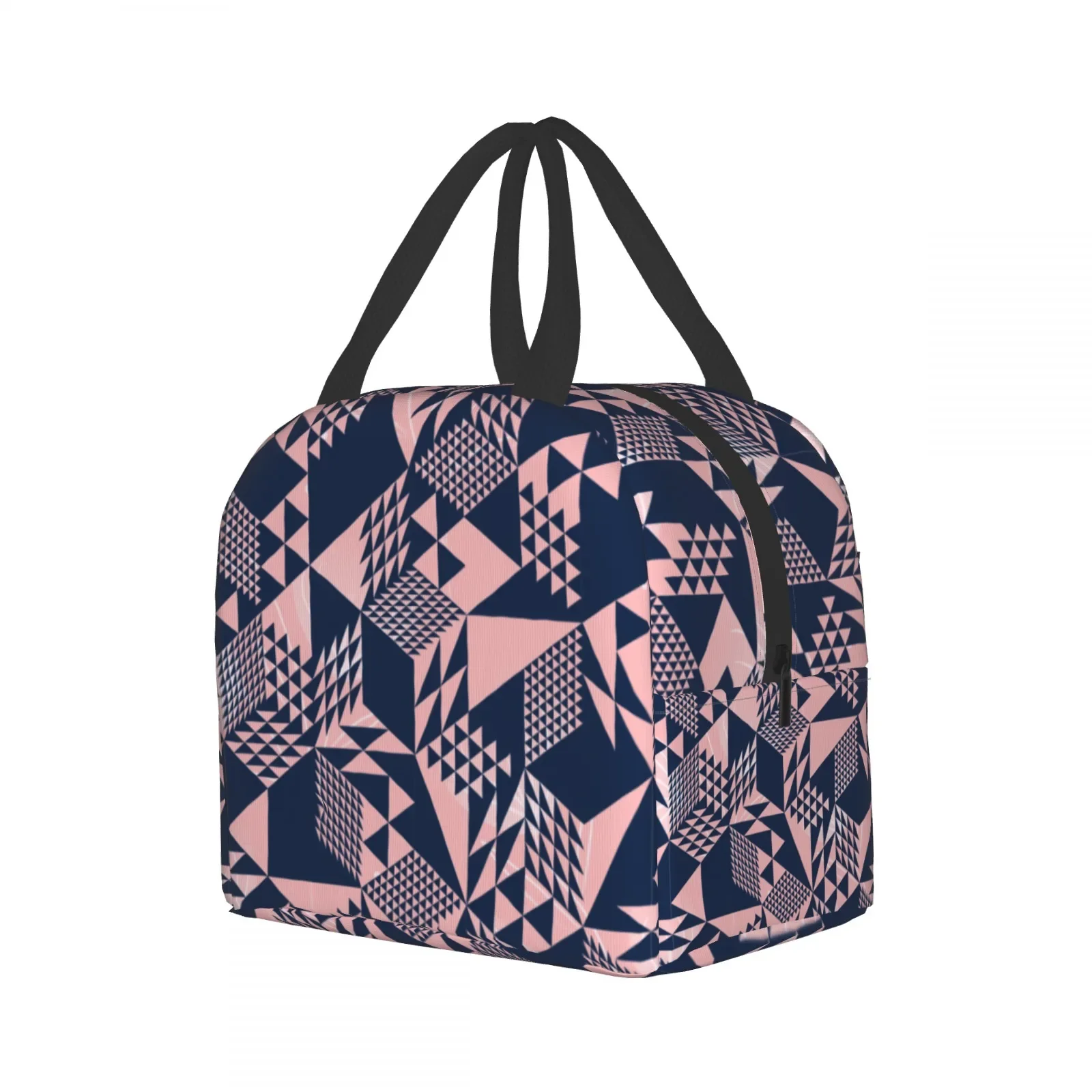 Pink and Blue Geometric Pattern Lunch Bag, Stylish Modern Design, Front Phone Pocket, Ideal for Daily Use, Thermal Tote for Meal