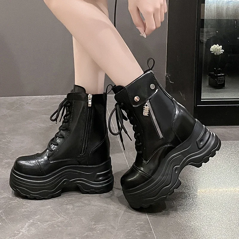

New Women High Platform Ankle Boots Winter Chunky Sneakers Casual Leather Punk Shoes 9CM High Top Motorcycle Short Boots Woman