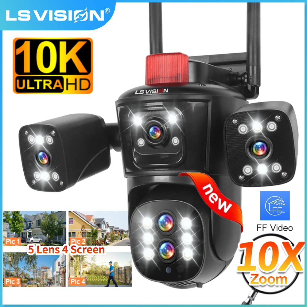 LSVISION 10K 10XZoom PTZ WIFI cámara de vigilancia de cuatro pantallas cctv cámara IP detección humana al aire libre seguimiento automático cámara de seguridad