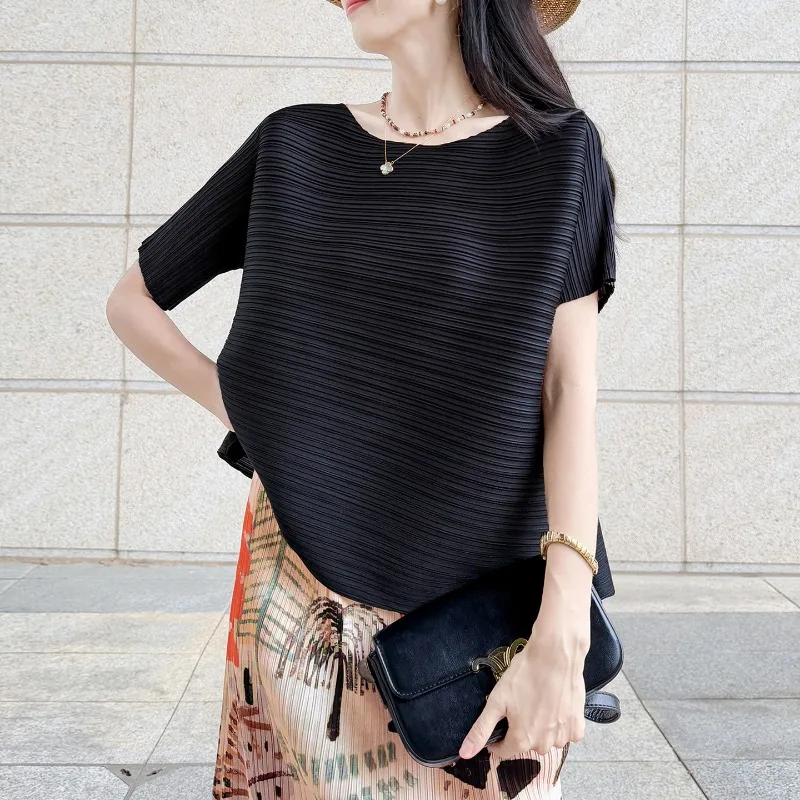 Miyake Tailleur pantalone a pieghe 2025 Plisse Fold sofisticato Top a maniche corte Gonna stampata Estate da donna Dimagrante Set versatile