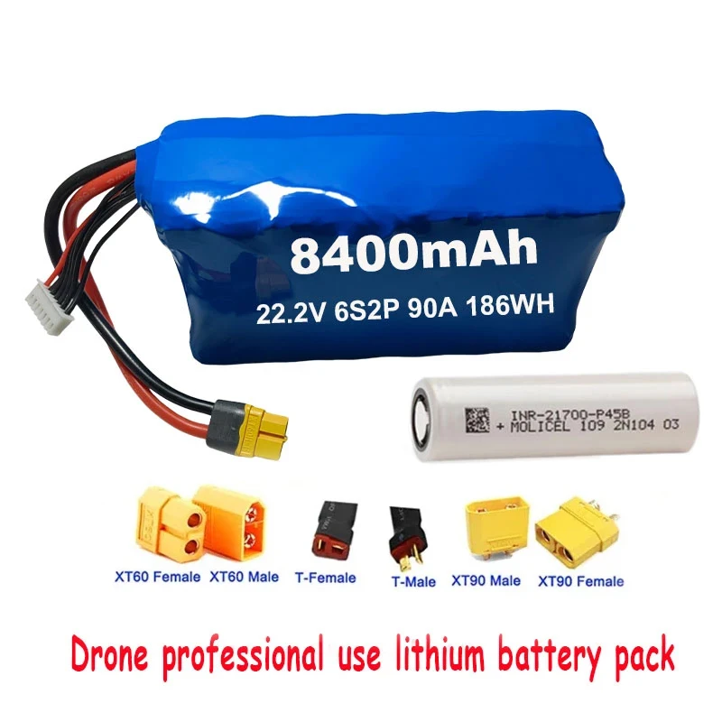 

21700 6S2P Drone Battery for Molicel Model Aircraft Ship Type 22.2V 21700 P42A/P 8400mAh Drone RPA RPV PA RC Kit 14AWG with XT60