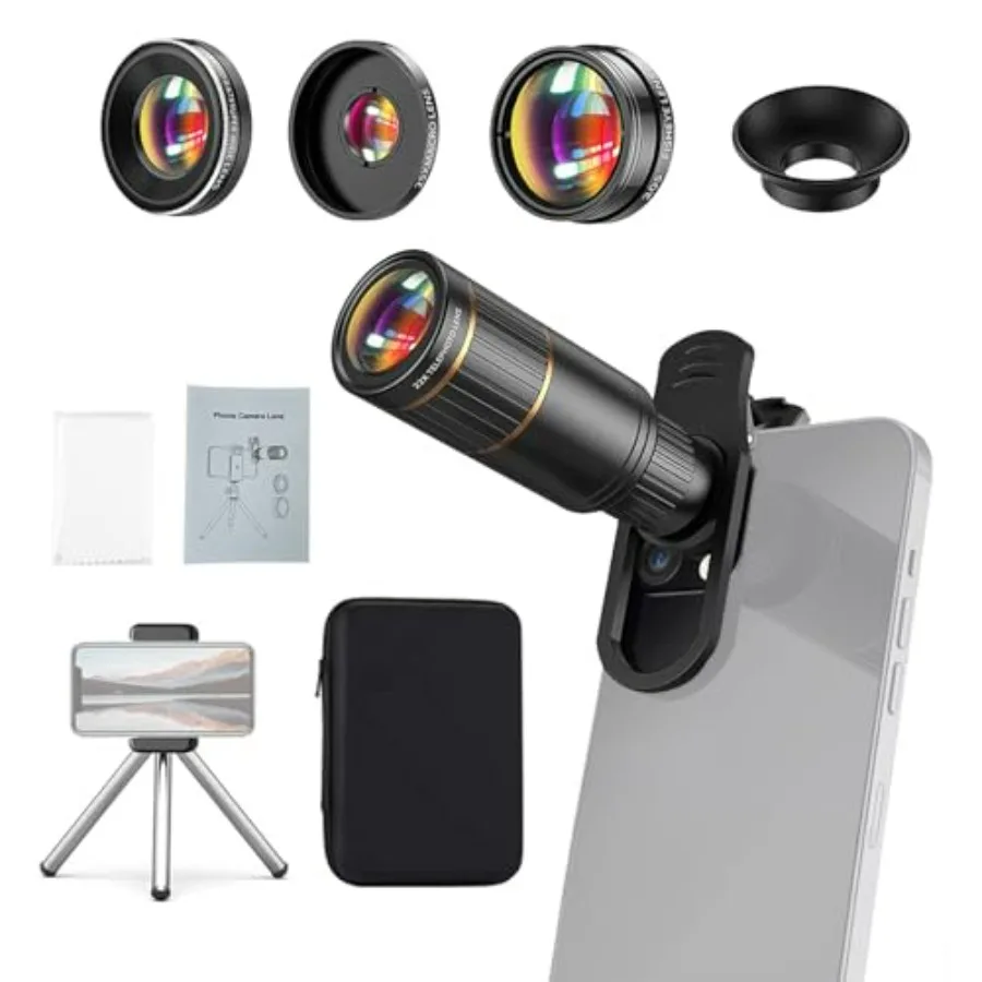 

4-in-1 Phone Lens Kit with 22X Telephoto 205 Fisheye 4K 0.67X Wide Angle 25X Macro Lens Clip Mini Tripod for iPhone 15 14 13 12
