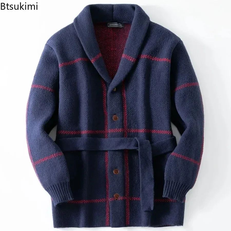 جديد 2025 الرجال خمر الجاكار متماسكة البلوزات موضة عادية منتصف طول حزام سترة معاطف الخريف الشتاء رشاقته سترة معاطف #1