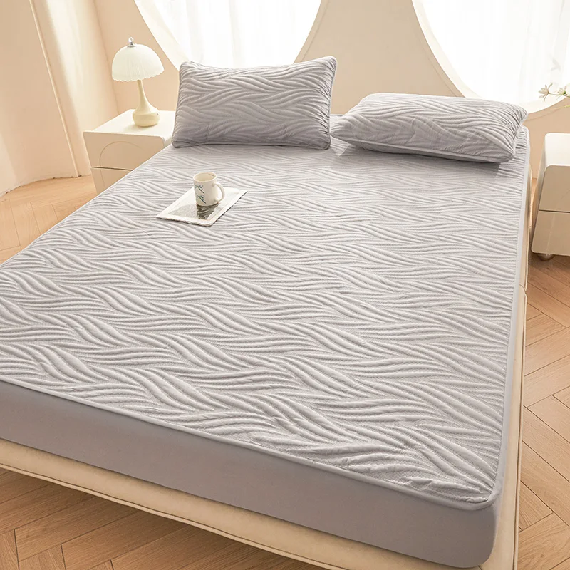 Waterproof Thick Fitted Sheet Ultrasonic Embossed Mattress Cover Single Double Queen King Size Mattress Protector Bed Sheet Set