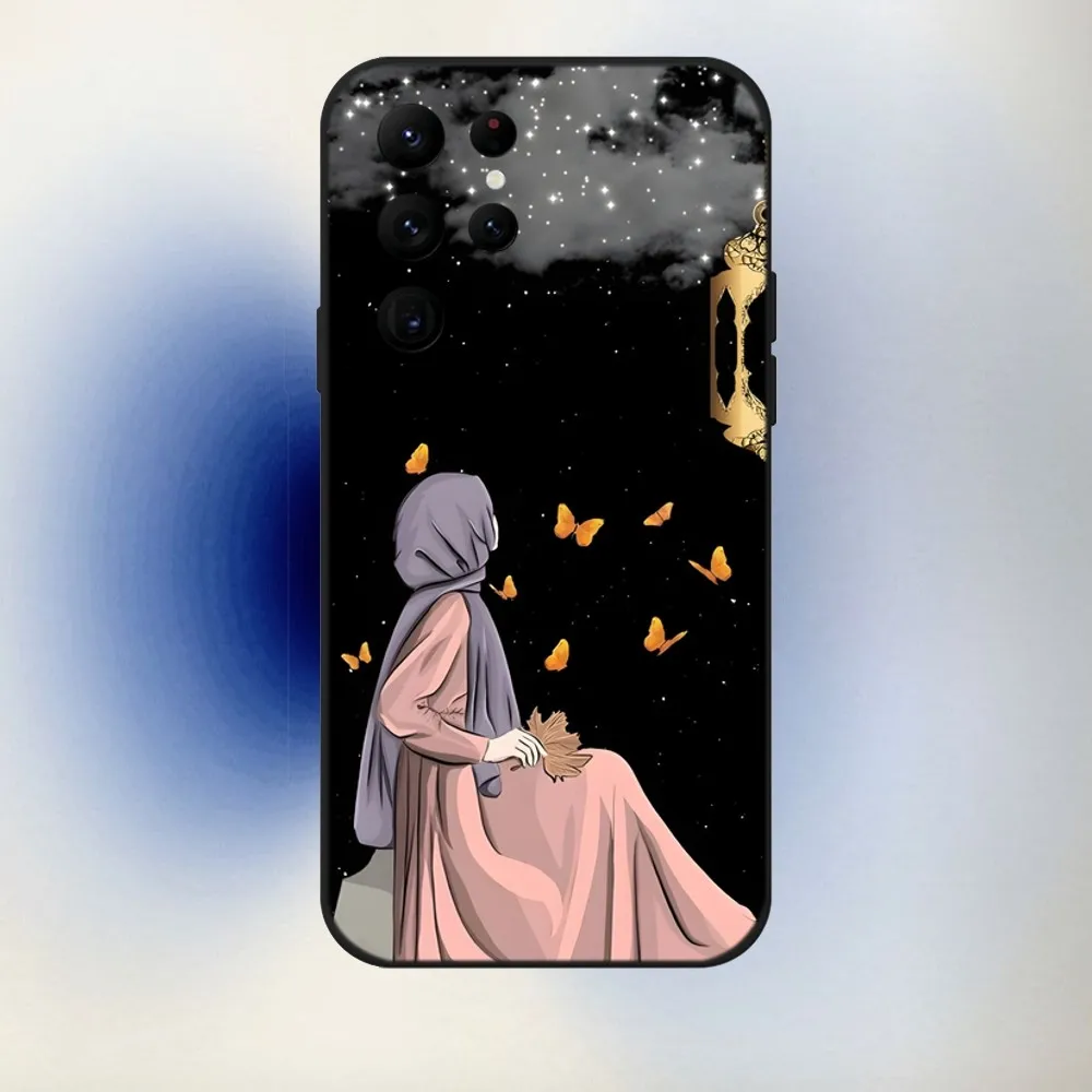 Muslim Arabic Hijab Girl Phone Case For Samsung S24,23,22,30,21,10,9,Ultra,Plus,Lite,FE,5G Black Soft Case