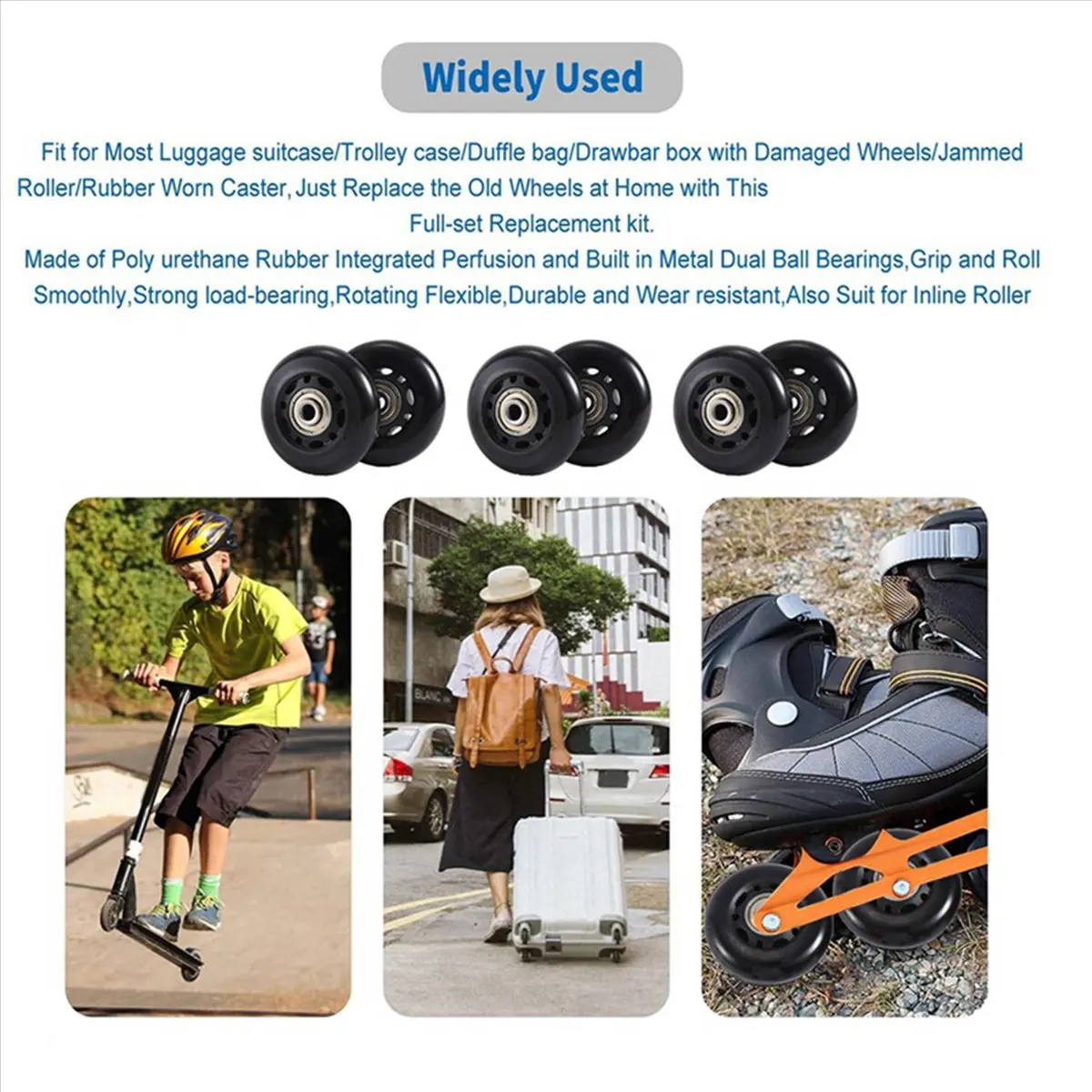 ABQR 60x18mm Set of 2 Luggage Suitcase Replacement Wheels,PU Swivel Caster Wheels Carbon Steel Bearings Repair Kits