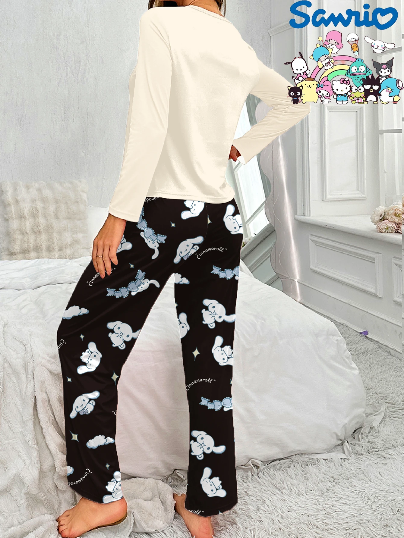 مجموعة ملابس منزلية من Sanrio Yugui Dog بأكمام طويلة ورقبة دائرية وكرتونية لطيفة كاجوال