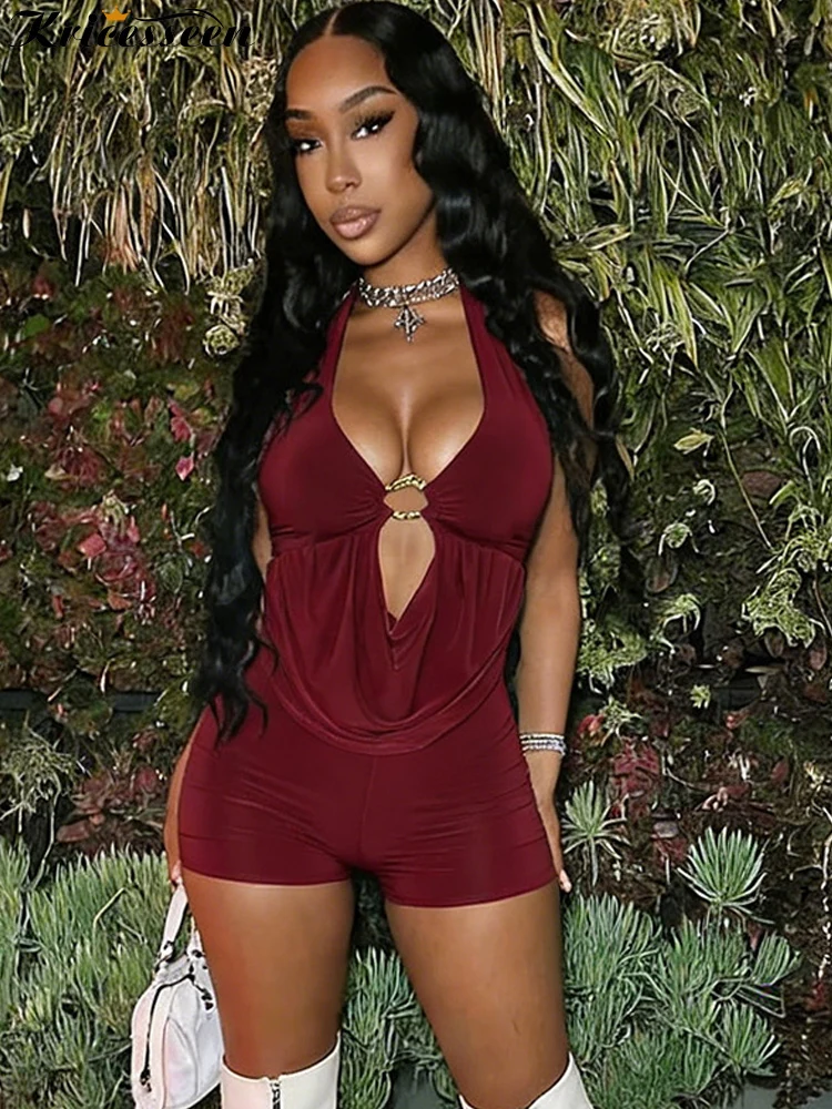 

Kricesseen Sexy Deep V-Neck Halter Romper Women Summer Backless Bodycon Metal Jumpsuit Cut Out Club Party One-Piece Short Outfit
