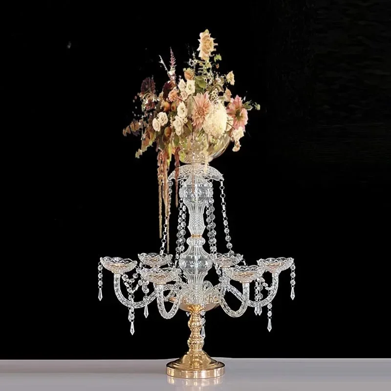 

65CM Tall Gold plated crystal Acrylic Flower Vase holder Wedding Table Centerpiece Candlestick Event Party Decorat Flower Rack