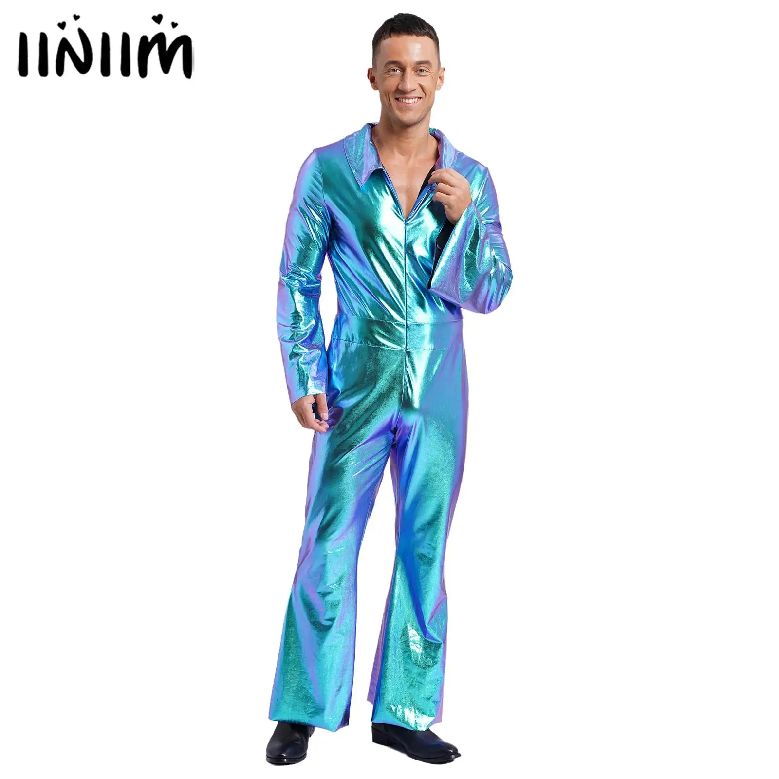 Mens 70s Disco Metallic Shiny Jumpsuit Western Cowboy Jazz Costume Lapel Flare Sleeve Front Zipper Wide Leg Pants Romper Vintage