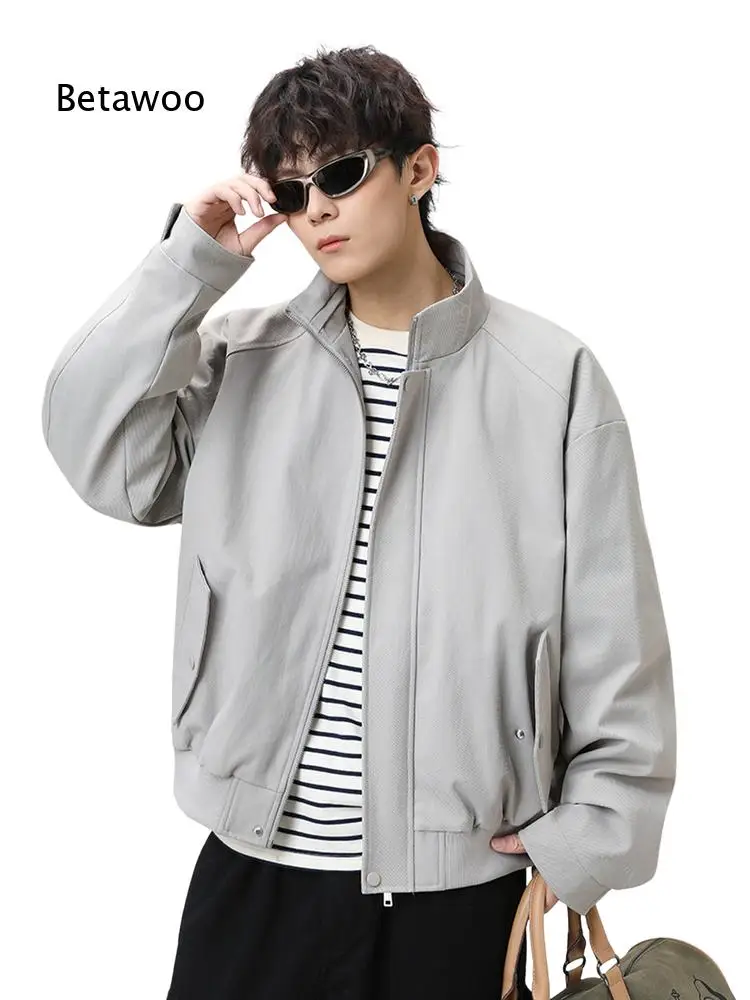 Men Stand Collar Zip Up Cropped Jacket Long Sleeve Loose Casual Outerwear for Daily Street Wear