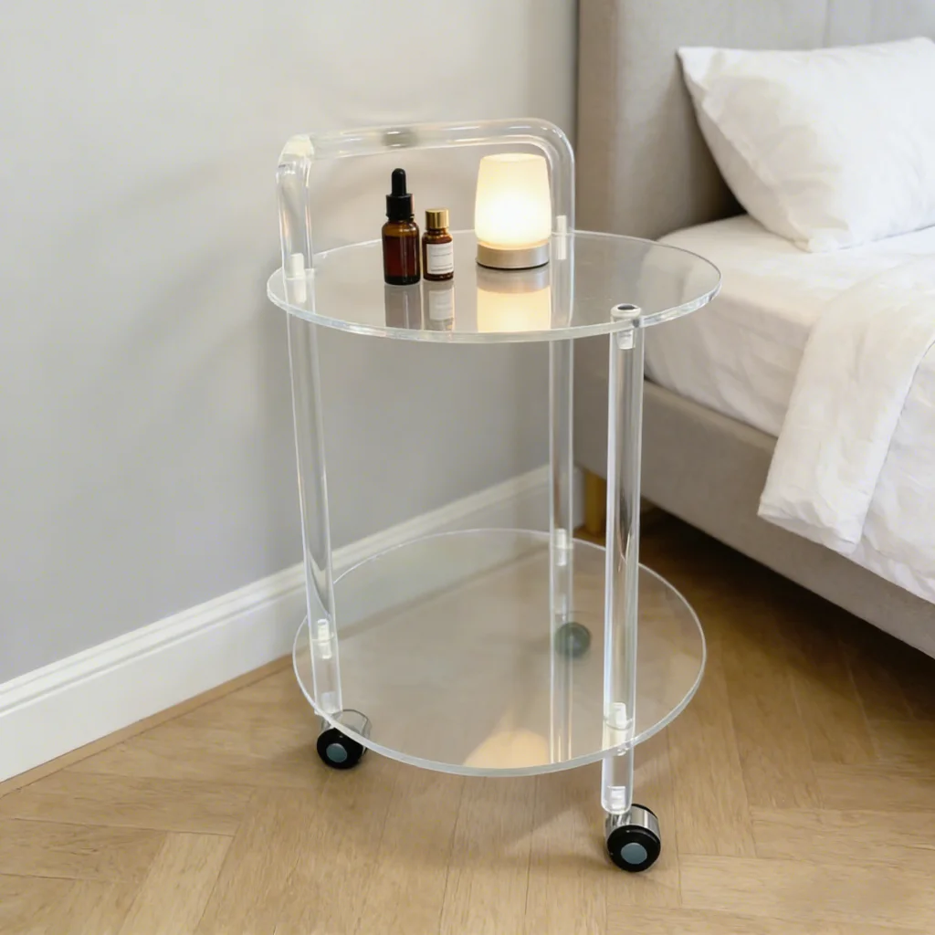 Clear Acrylic 2-Tier Round 4-Wheel Rolling Cart-Modern Design Durable & Eco-Friendly Hotel Trolley For Commercial Use