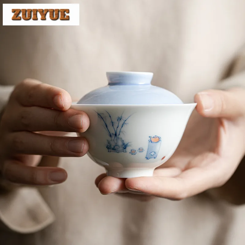 130ml Hand-painted Light Boat Bowl Household White Porcelain Anti Scald Gaiwan Zen Tea Tureen Teacup Chinese Tea Set Supplies