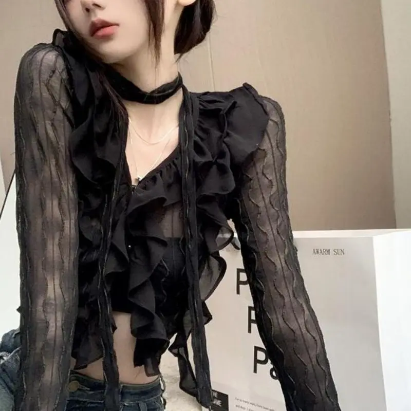 Y2k Crop Top Women Lace Blouses  Sexy Gothic GrungeFemale Shirts Elegant Black Transparent Cardigan Korean Streetwear