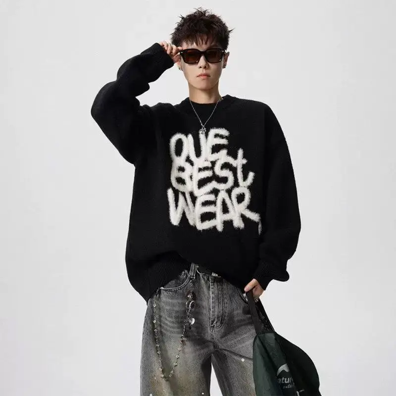 

Letter Thickened Crew Neck Sweater for Men and Women, Loose and Lazy in Autumn and Winter, Couple Warm Inside Knitted Sweater