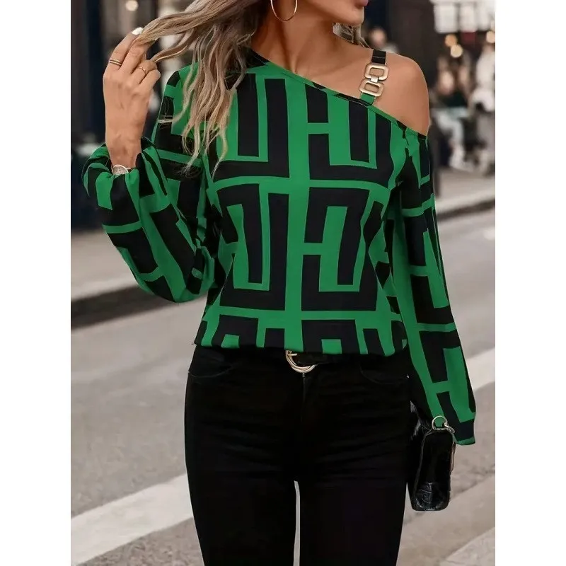 Elegant Geometric Printed Women's Blouse Spring 2025 New Product Slant Neck Off Shoulder Long Sleeve Hoodie Casual Shirt Ladies