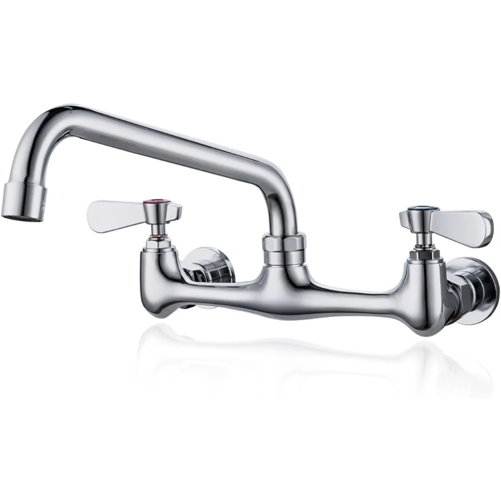 

Commercial Kitchen/Laundry Faucet: 8" Center Wall Mount, 8" Swivel Spout, 2 Handles. Chrome Tap for Sink, Restaurant Use