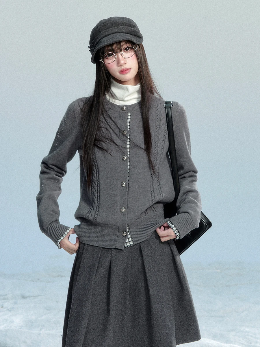 

Korean Sle ort Knitted Cardigan Plaid Splicing Knotted Top Fragile Heart Women's Daily Wear round Ne Button Front