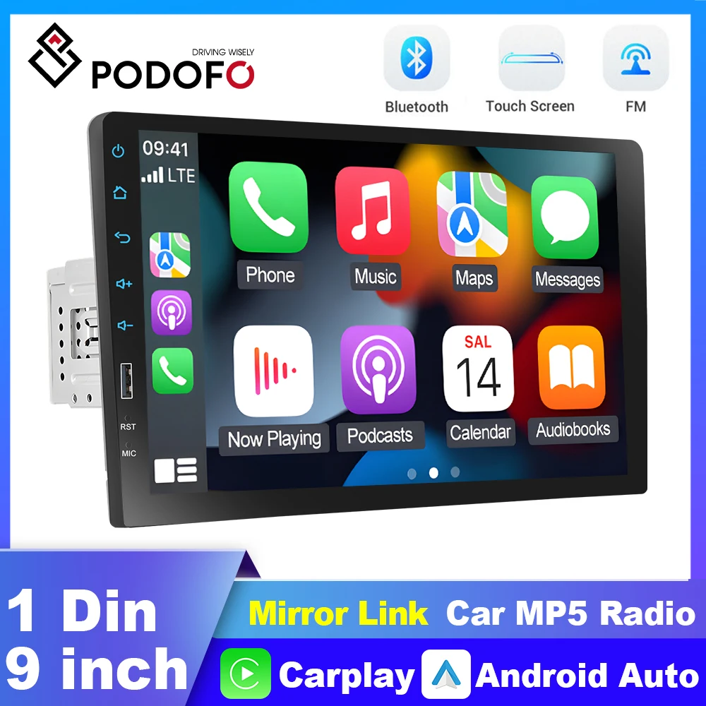 Podofo 1din Wireless Carplay Android auto Car Multimedia Player 9'' Stereo Radio Support Mirror link FM Radio Receiver