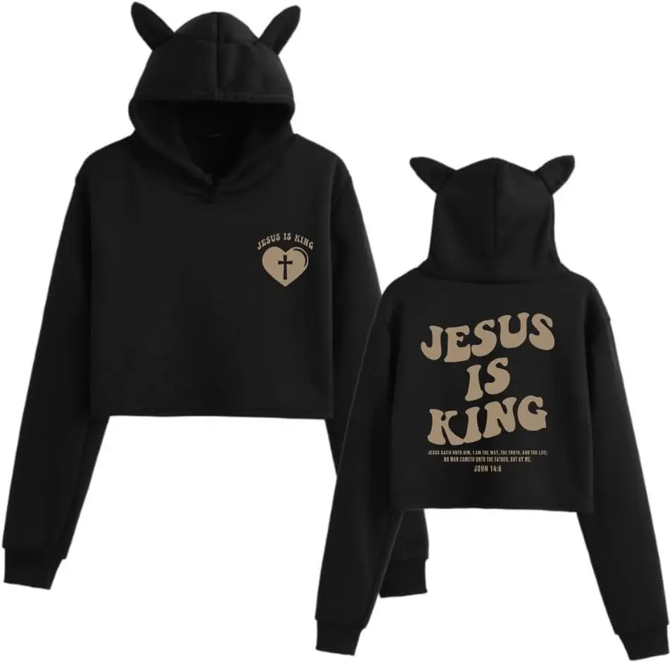 Sudadera con capucha recortada de Jesús te ama, Top corto con orejas de gato cristiano, camisas de fe de Jesús, sudaderas con capucha de Dios religioso