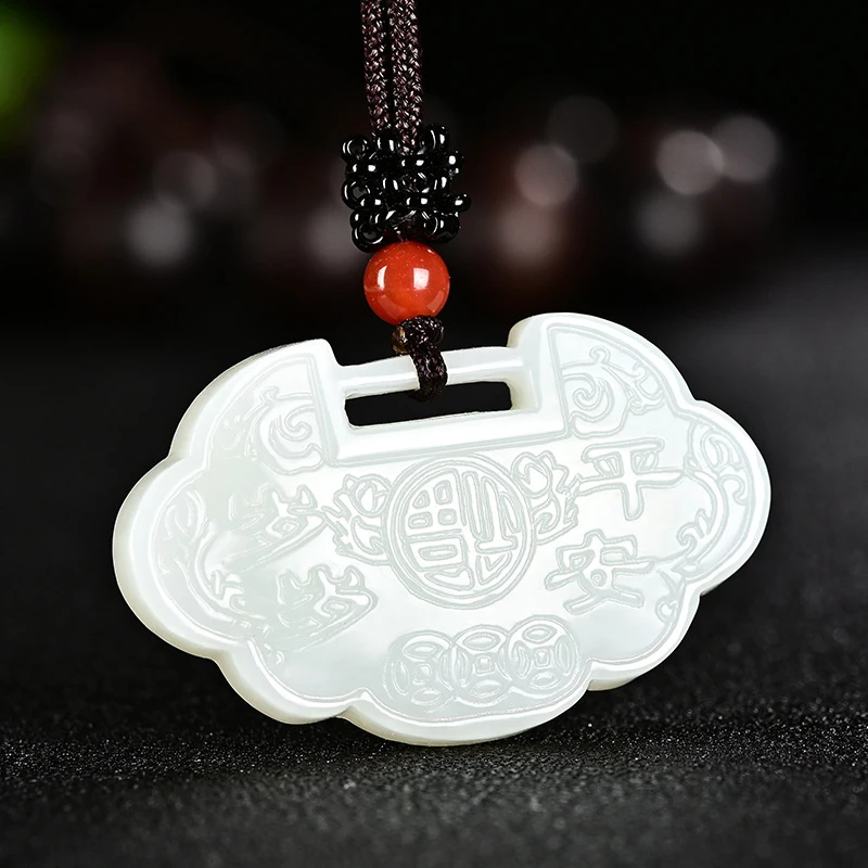 Hetian Peace Every Year Pendant Men Women, Fortune Character Ruyi Lock Jade Necklace and Amulet