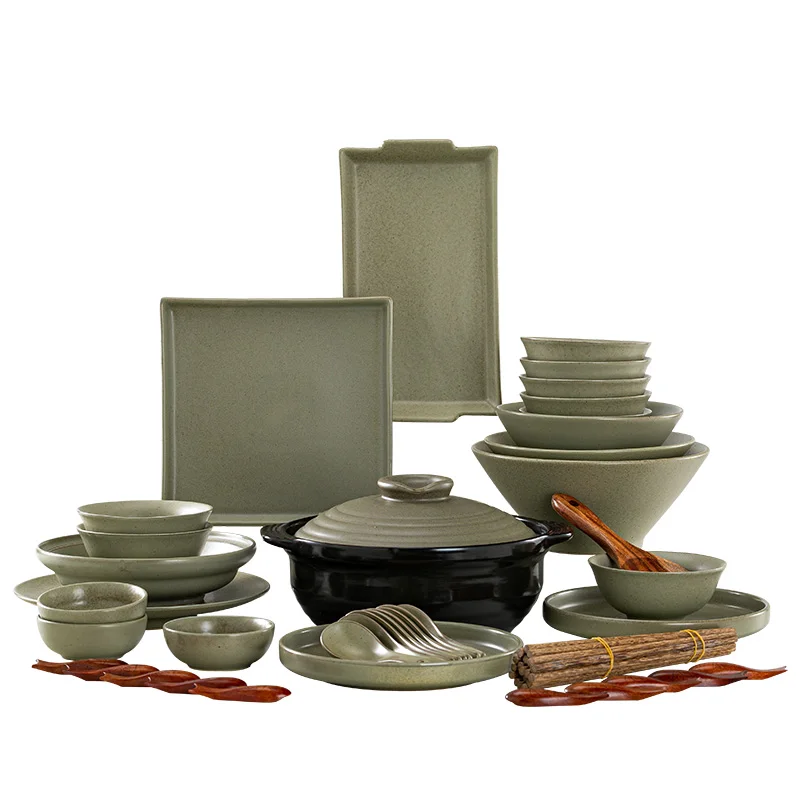 Simple retro tableware Ruyao Chinese dishes set handmade Jingdezhen ceramic dishes home hotel B&B.