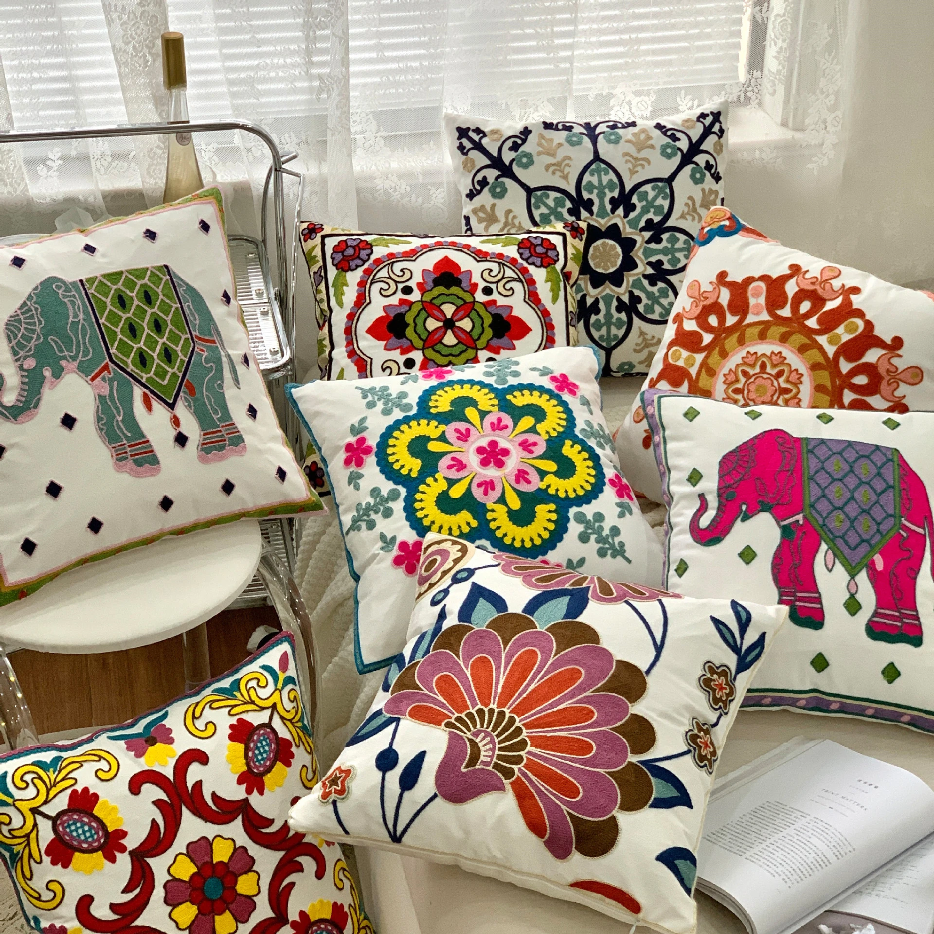 

45x45cm Flowers High-quality Embroidery Pillow Cover Elephant Bohemian Cushion Cover Decorative for Office Sofa Home Decor