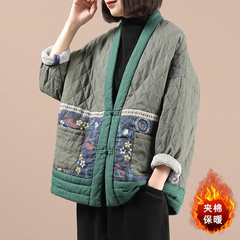 

Vintage Cotton Coat Autumn Winter Quilted Jacket Women Warm Patchwork Cotton-padded Jacket Buttons Design Loose Casual Outerwear