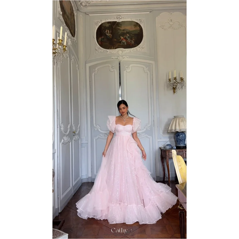 

Cathy Customized Square Collar Tiered Ruffle Sequins Prom Dress Puff Sleeve A-Line vestidos de noiva Floor-Length Formal Evening