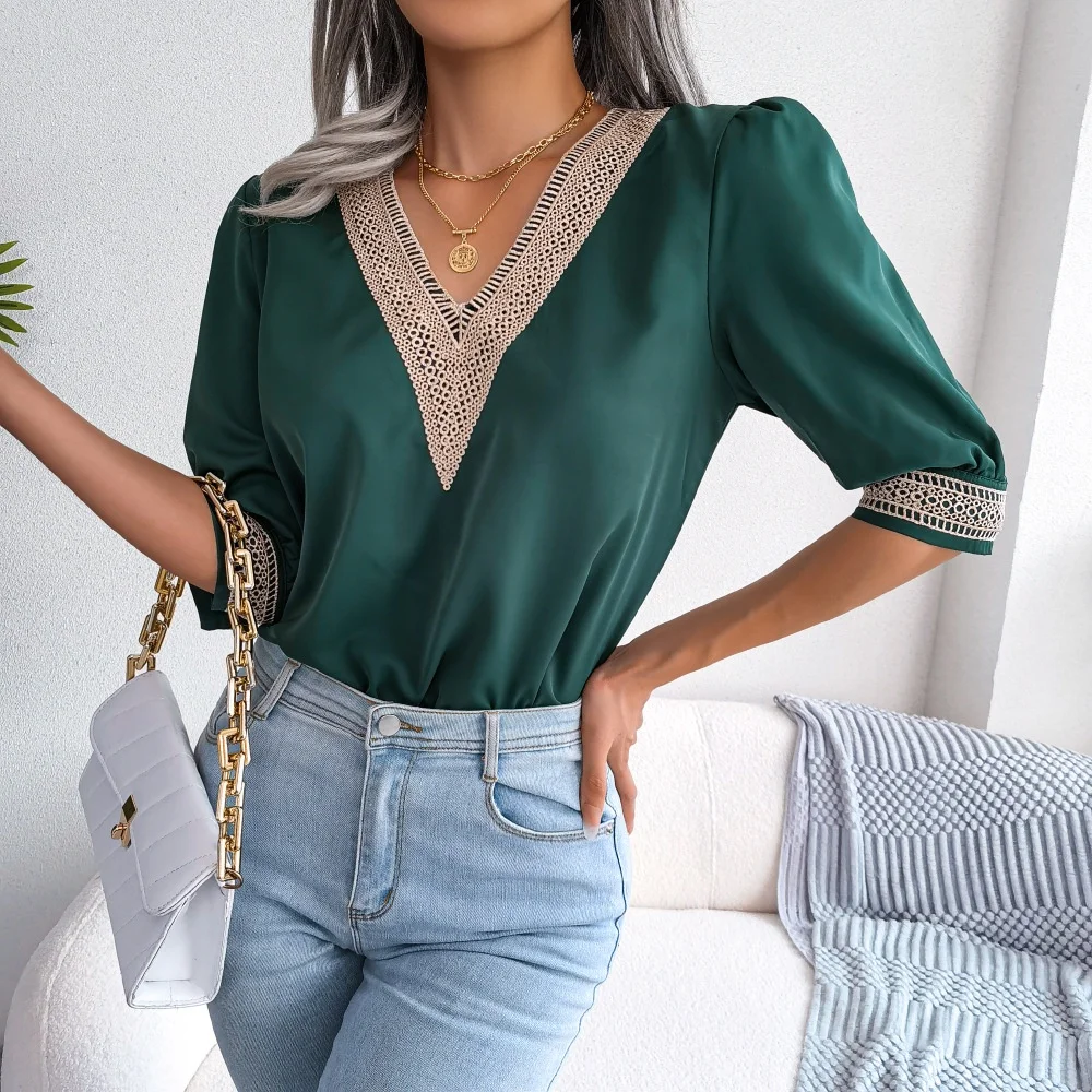 

Summer Lace Chiffon Shirts V Neck Fashion Ins Casual Elegant Blouse Women Clothing 2025