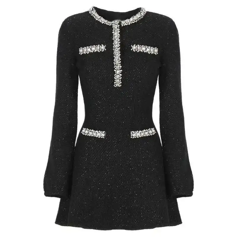 

Роскошные вязаные платья с пайетками, женские трикотажные изделия с длинным рукавом и бисером, пуловеры, вечерние платья, элегантное черное короткое платье, качество