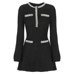 Luxury Knitted Sequin Dresses Women Long Sleeve Beading Knitwear Pullover Party Vestidos Elegant Black Short Dress Quality