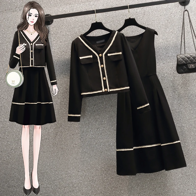 Women Tweed Jacquard Vintage Suit Buttons Up Jacket Coat Top+Sleeveless Dress Two Piece Set Outfit Winter Fashion Chic Korea2022