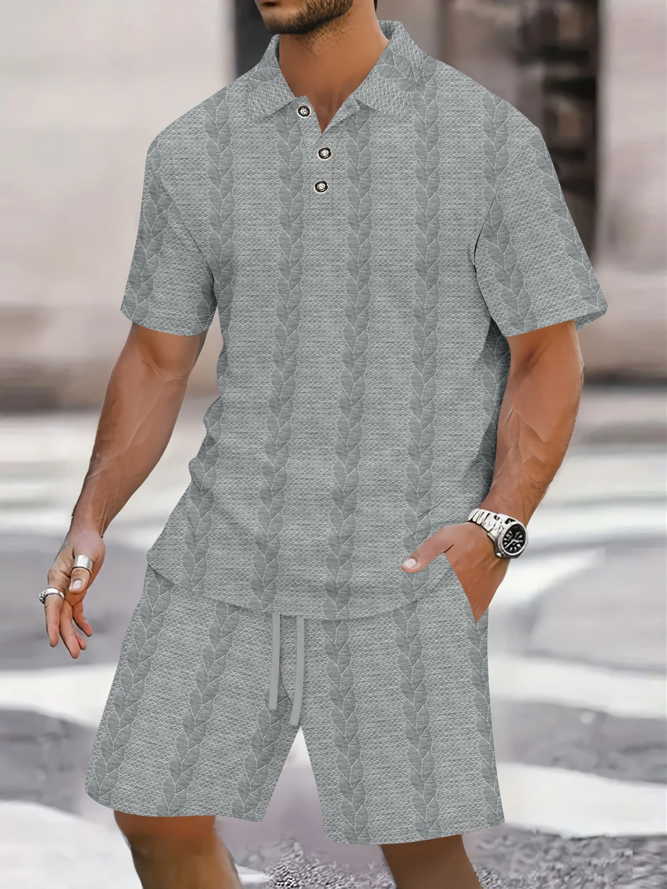 Bild 5: 2026 Sommer Herren Einfarbiges Jacquard Revers Knopfleiste Kurzarm & Shorts 2-teiliges Sportanzug-Set