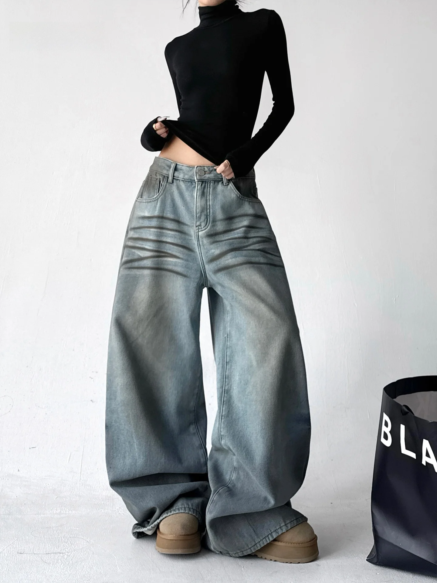 

Retro Fce Lined Slim Fit Wide Leg Jeans for Women Cotton Stretch Denim Low Waist Commute Sle Autumn Winter New Arrival