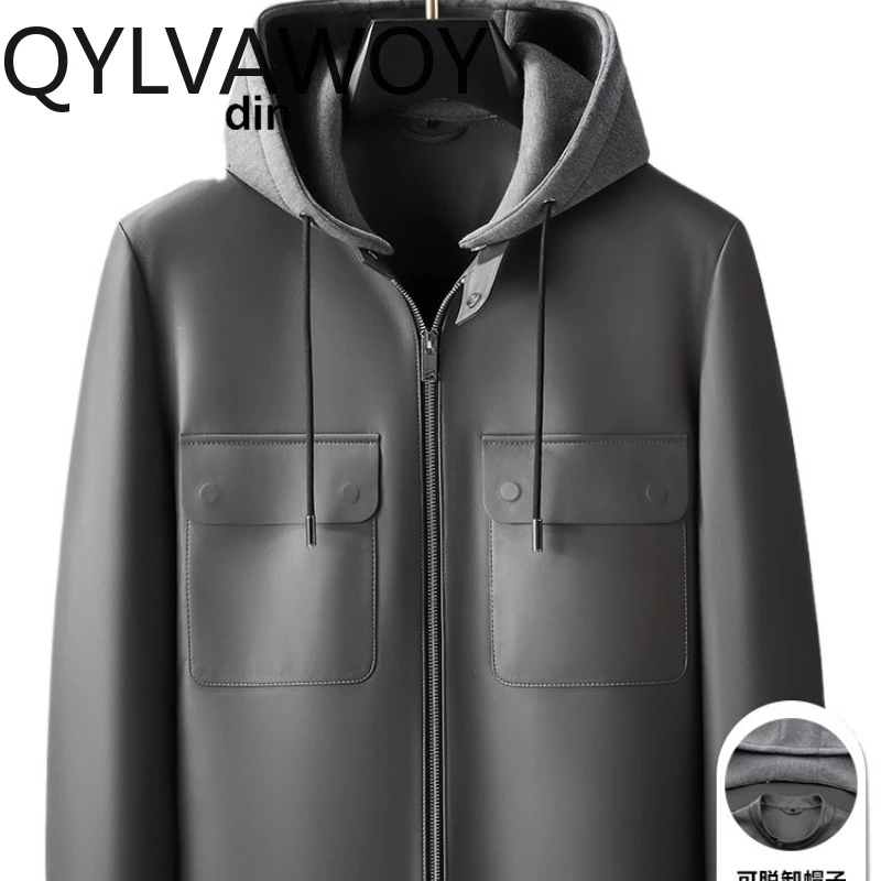 

QYLVAWOY осенне-зимняя мужская кожаная куртка из натуральной овчины, деловая повседневная теплая модная верхняя одежда с капюшоном LJ2907