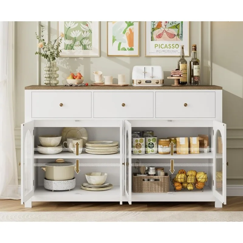 Large Sideboard Buffet Cabinet, Farmhouse Kitchen Cabinet Display Cabinet with 3 Drawers and 4 Doors, Wood Coffee Bar Cabinet