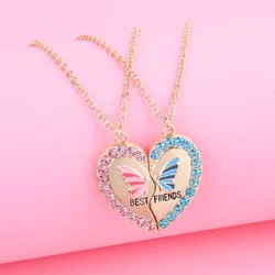 Luoluo&baby 2Pcs/set Rhinestone Heart Broken Butterfly Best Friend Necklace for Kids Girls Fashion Friendship Gifts