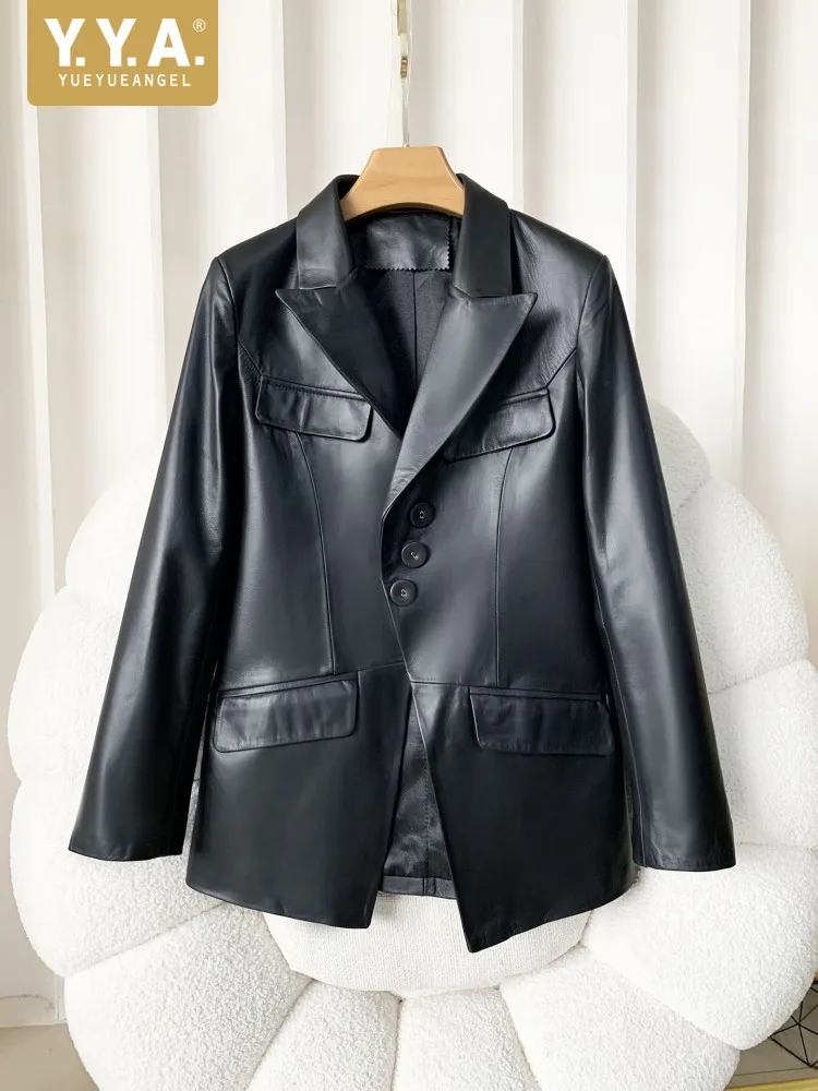 

High Quality Women Single Breasted Genuine Leather Suit Jacket Fashion Office Lady Lapel Collar Slim Fit Sheepskin Blazers