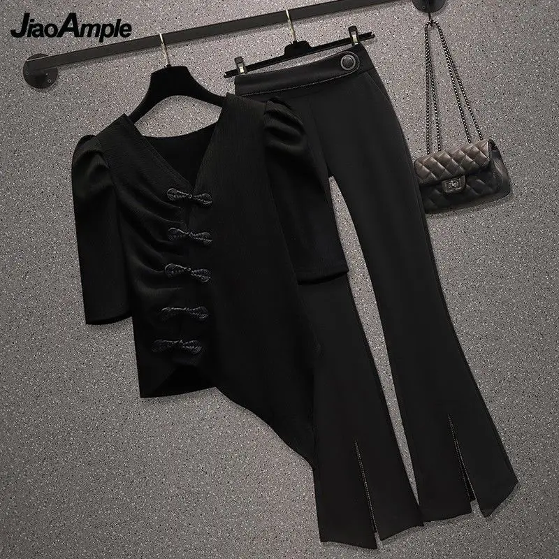 Women's Summer Irregular V-Neck Cheongsam Shirt Pants Set Korean Elegant All-match Top + High Waist Black Trousers Two-Piece