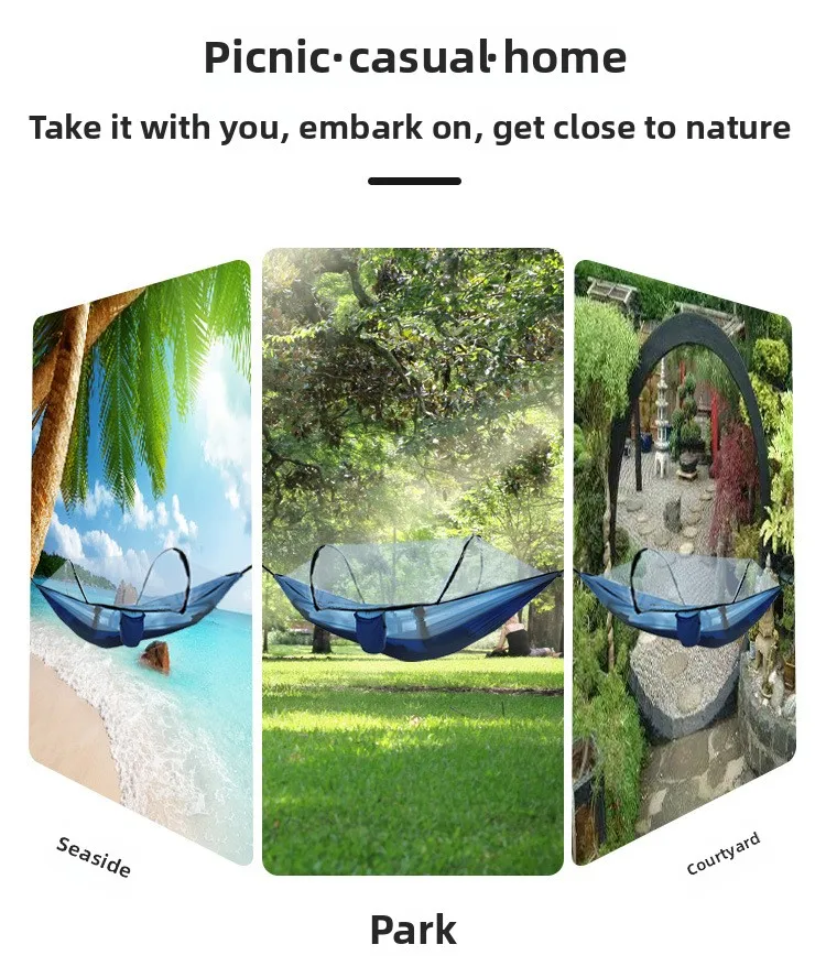 Portable Camping Hammock with Mosquito Net, Lightweight 250kg Capacity, 210T Nylon for Hiking, Beach, Backyard, Quick Setup
