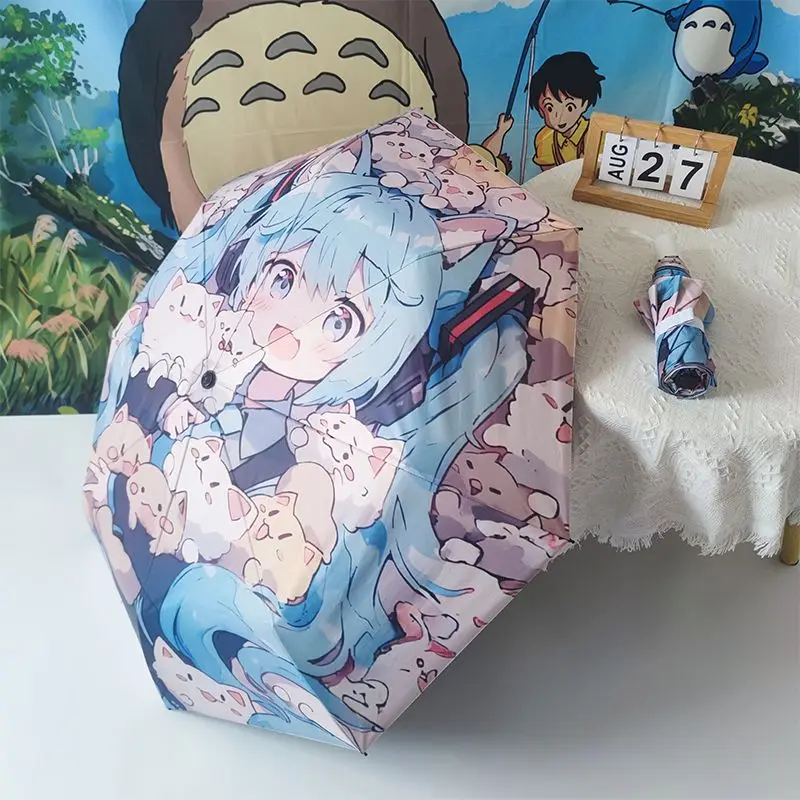 Hatsune Miku Anime Girl Figures Automatic Umbrella Sun Protection Manual Folding Portable Ultraviolet-proof Umbrella Fans Gifts