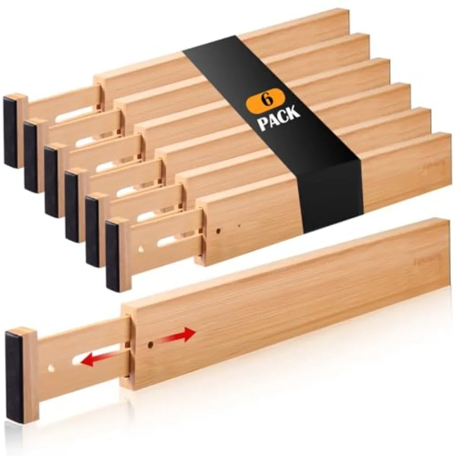 

Drawer Divider 6 Pack Bamboo Kitchen Dividers Organizers Adjustable 17''-22'' Wooden Dresser Separators for Nursery Organizatio